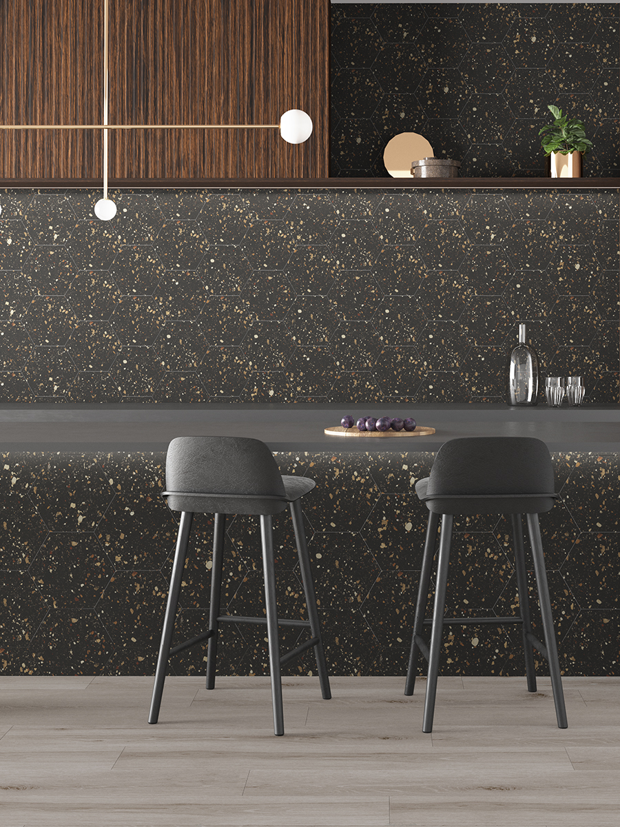 Arousa Nero Terrazzo Hexagon Wall & Floor Tiles - 258x290mm