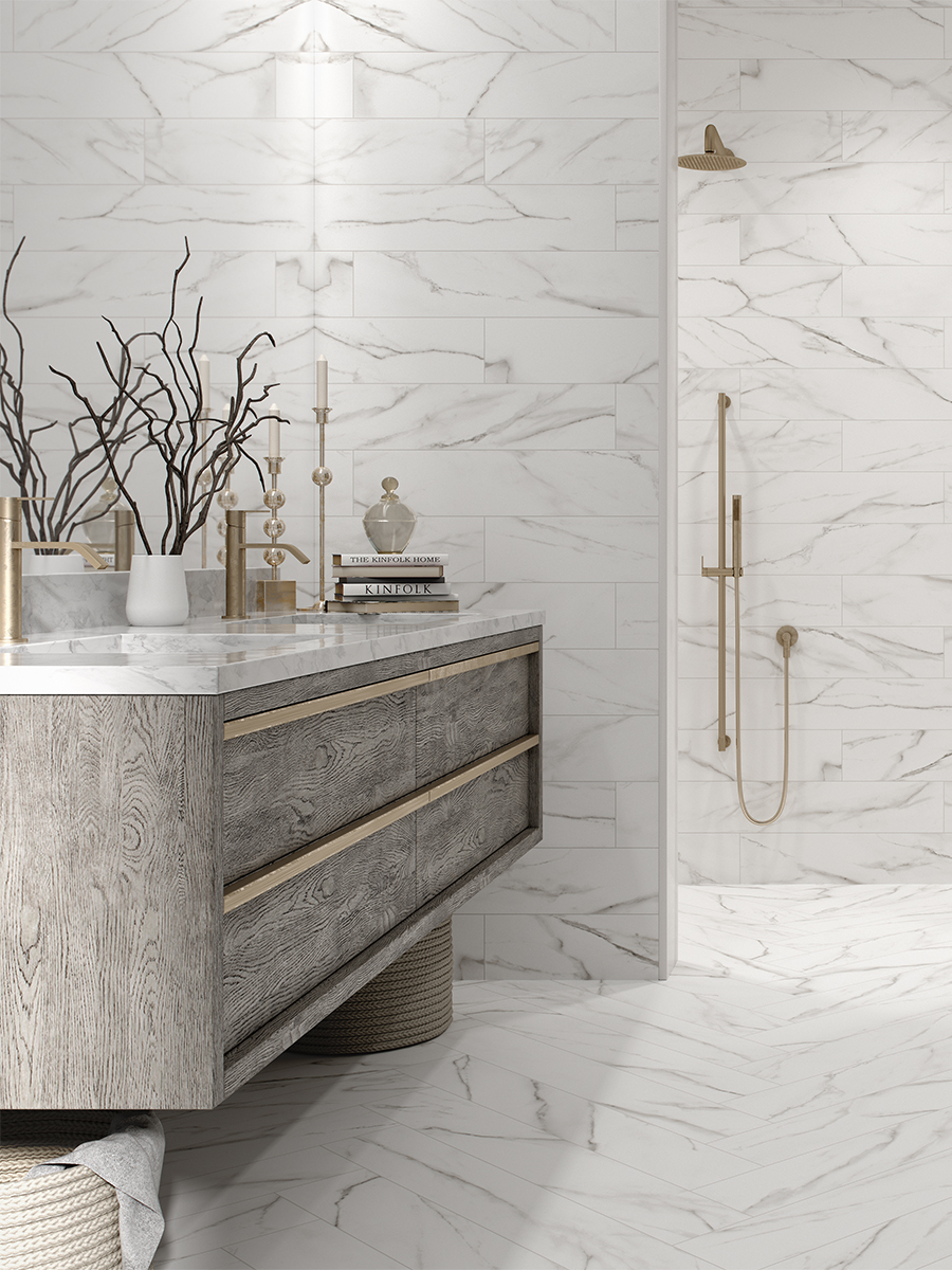 Calacatta White Marble Effect Porcelain Tiles - 150x900mm