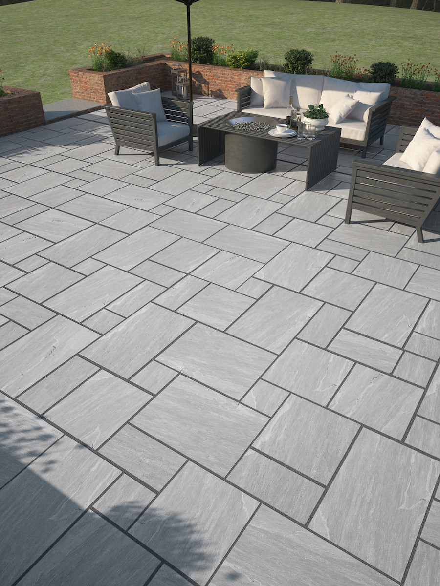 Kandla Grey Indian Sandstone Effect Outdoor Porcelain Paving Slabs - Mix Size Pack