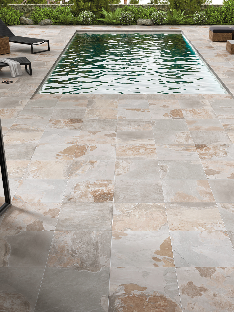 Rustic Grey Slate Effect Outdoor Porcelain Tiles - 595x595mm